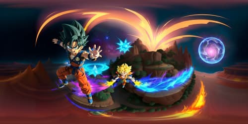 Top-tier quality, highly-detailed Goku avatar, VR360 backdrop showcasing cosmic energy aura, pixar-style super-saiyan transformation, ultra-high resolution.