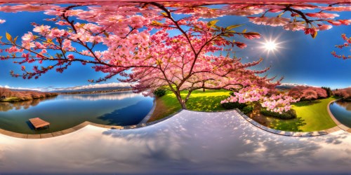 A perfect, flawless showcase of vibrant cherry blossoms in full bloom, soft pink petals embracing a serene pond under a clear blue sky, bathed in gentle sunlight, a true work of art, sure to captivate your heart.