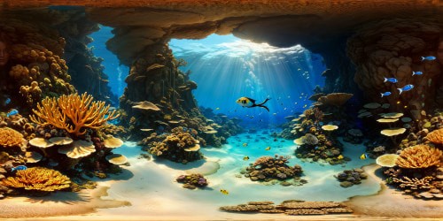 A mesmerizing underwater landscape of a coral reef aglow with bioluminescence, vibrant schools of tropical fish darting amidst sunken ruins, ancient shipwrecks, and crystal-clear waters under a shimmering moonlit sky, an artistic masterpiece of immense detail and intricate beauty.