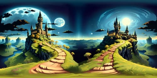 Masterpiece style, ultra-high-res VR360, Hogwarts castle silhouetted against twilight sky, spires piercing cotton-clouds, shimmering lake reflecting astronomy tower, VR360 of magical, elusive Whomping Willow in forefront, fantasy art.