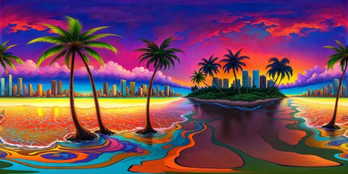 An immaculate masterpiece capturing Miami's skyline at twilight in stunning VR360, boasting silhouetted palm trees against a backdrop of neon hues, with photorealistic textures, vivid colors, and an impactful contrast that immerses you in the high-resolution beauty of the scene.