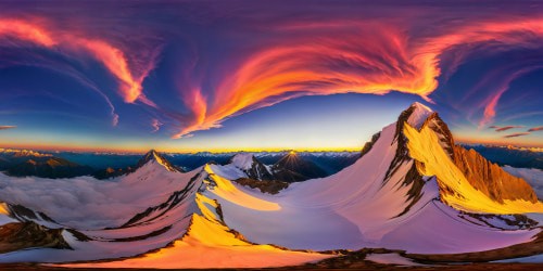 A flawless, ultra-high-resolution portrayal of towering, snow-capped peaks soaring to 5000 meters, illuminated by the warm embrace of a sunset, while vast, vividly colored clouds swirl dramatically across the horizon, casting a purple dusk over this breathtaking panorama in incredible topographic detail.