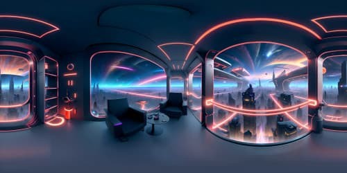 VR360, ultra high-res, dystopian splendor. Masterpiece-grade sci-fi metropolis, neon vibrancy, star-filled expanse. Towering metallic edifices, floating platform sequences. Minimalist, light-bending surfaces, immersive futuristic city. Ultra-detailed, spellbinding VR360 perspective.