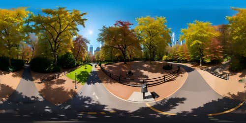 VR360 ultra-high resolution, masterful depiction, fall colors skyview over Central Park, NYC skyline contrasting, vibrant autumnal hues, VR360 immersive panoramic display, precision detailing.