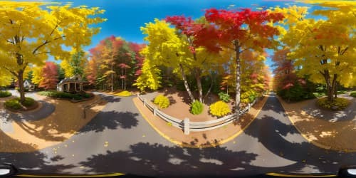 Masterpiece quality VR360 view, ultra-high resolution, cosy indoor setting, wide-open windows, sublime autumn park panorama, leaves in vivid colors of fall, soft sunlight, surreal art style.