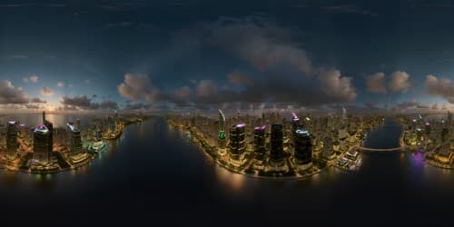 VR360 digital realism, ultra-high resolution, shimmering city lights, Miami Beach skyline at night, luminous skyscrapers, riverside reflections on water. Overarching darkness, masterpiece quality, VR360 vividness amplified.