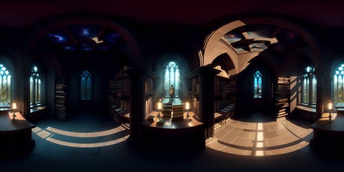 Gothic architecture, monolith stone walls, lined with bookcases, towering arches and stained glass, dark academia library. Central skylight, gigantic, moonlit view, captures the night, VR360 scene. Ultra-high-res masterpiece, VR360 experience. Dark hues, brooding atmosphere, moonbeams illuminating ancient books, reflecting off polished wood, dust particles dancing in