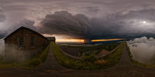 Nefarious Silent Hill-inspired universe enveloped in thick mist, decaying structures under an ominous sky with brooding storm clouds, eerie moon casting a chilling glow, meticulously rendered in flawless photo-realism for an immersive, high-resolution VR360 masterpiece.