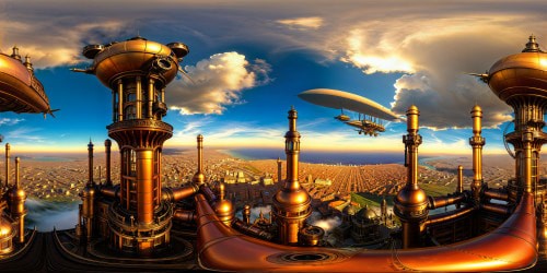 A steampunk metropolis elevated in the heavens, intricate brass-laden sky towers, billowing steam pipes, riveted clockwork airships soaring amidst colossal gears and aged copper domes, vast expanses of urban sprawl enveloped in wispy clouds, ultra-high resolution, flawless enclave.