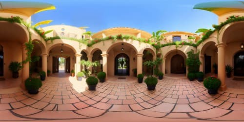 Picasso-style VR360 brilliance, Spanish hacienda, clay-tile roofs, ornate ironwork, courtyard focus. Stone fountain center, bougainvillea bloom. Evening light, ethereal glow. Textured, ultra-high-resolution VR360 masterpiece. Rich, expressive brush strokes, top-quality, unparalleled finesse.