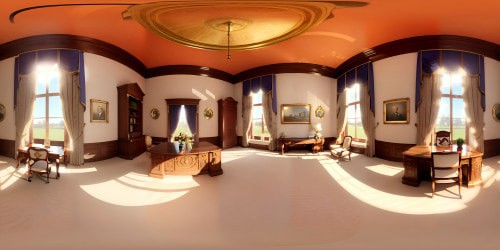 Ultra high-res, Oval Office - intricate mahogany desk, antique brass fixtures, framed historical documents. Presidential seal on deep-blue carpet, grandiose glass chandelier, American flag regalia, muted gold curtains. VR360 immersive experience in a grand, photorealistic style. Richly detailed, timeless elegance for a VR360 masterpiece view.