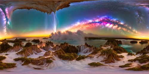 An awe-inspiring realm of cascading waterfalls, towering crystal formations, and bioluminescent flora, with floating islands under a mesmerizing sky adorned with swirling galaxies, all meticulously captured in stunning 8K resolution, resembling a digital art masterpiece of flawless quality.