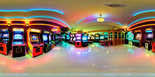 An immaculate 90's gaming haven illuminated by neon lights, rows of vintage arcade cabinets, playful pinball machines, nostalgic video game consoles, vibrant pixel art, detailed retro memorabilia, buzzing with memories of a bygone era.