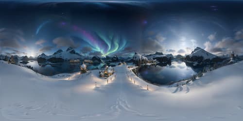 Ultra HD quality, Skyrim-inspired VR360 masterpiece, breathtaking mountains, mystical auroras, ancient Nordic runes, serene lakes. Emulate Elder Scrolls' style, blend epic grandeur, detailed texture work.