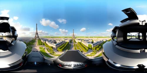 VR360 ultra-HD Paris cityscape, masterful artistry, Eiffel Tower in view, iconic Parisian monuments, impressionist style. VR360 experience, distinct Paris skyline, cloud-dappled cerulean sky.
