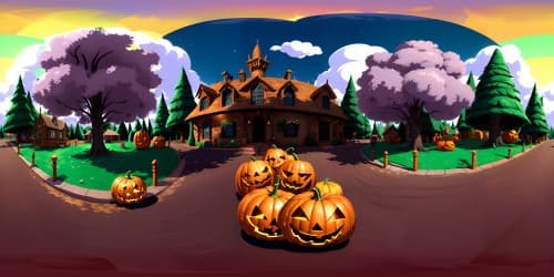 Spectral pumpkins, cobweb-draped fences, gothic art style influence, shadowy trees. Election signs adding creative touch, Halloween-themed VR360 yard, intricate textures to visualize ultra-high resolution. VR360 masterpiece, vibrant hues, best-quality representation.