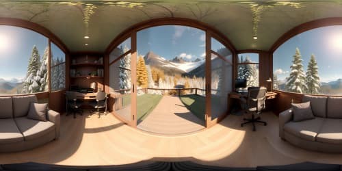 Ultra high-resolution masterpiece, forest overlook, VR360 panoramic view. Lush, whimsical vegetation, autumnal hues, sprawling tree canopies. Far mountain horizon, VR360, majestic snow-capped peaks, dappled sunlight, Pixar-style.