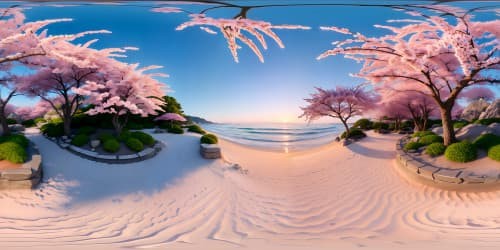 Ultra HD masterpiece, zen garden beachfront at sunrise, meticulously-raked sand patterns, pink cherry blossom petals veiling the VR360 view, pastel morning sky melting into azure sea. Render in VR360 realism with a hint of anime-style elegance.