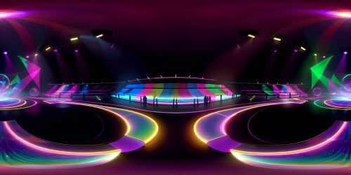 VR360 view, shimmering stage, spotlight beams, iconic white glove, glitzy jacket, Michael Jackson inspiration. Fantasy art style, surreal hue transitions, ultra-high resolution. Expansive concert arena, VR360 flooded with sparkling sequins.