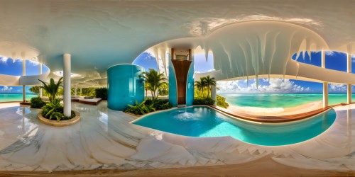 In a flawlessly designed futuristic living space within a modern mansion, ultra-high res details reveal all-white marble perfectly complemented by lush green plants, featuring an open ceiling allowing a full view of the sky, with expansive windows framing a serene water garden boasting small cascading waterfalls, all under a vibrant aqua blue sky overlooking a tropical beach.