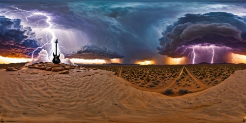 Thor shredding an electric guitar amidst the arid desert, bolts of lightning punctuating the stormy sky, creating a dramatic and electrifying spectacle in flawless ultra-high resolution.