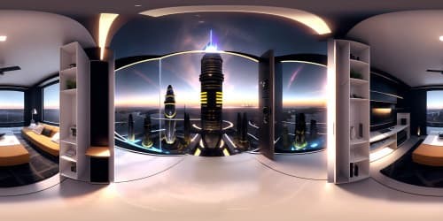 Oblivion movie apartment, nighttime version, masterpiece of architectural design, ultra-high-res VR360 scene. Panoramic view of glass skytower, starlit skies, distant nebulas, reflective surfaces. Minimalist interiors, sleek, modern furniture, touch of Pixar-style aesthetics.