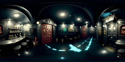 VR360 horror game setting, Five Nights at Freddy's-inspired, ultra-HD quality. Key elements: dimly-lit, intricate animatronic models, worn-out pizza parlor. Dark metallic hues, neon pizza sign. Style: hyper-realistic, macabre details. No human presence, emphasis on expansive, eerie VR360 scene.