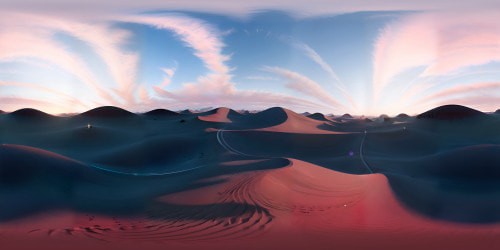 Masterpiece-quality desert, alien terrain, vast expanse. Early evening glow, ultra high-res VR360 view. Surreal dunes, unknown flora silhouettes. Pinkish skies, distant alien horizon, digital paint style. VR360 horizon mirage, unmatched fidelity, Pixar-like serenity.