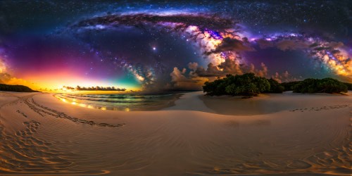 An exquisite, flawlessly serene beachscape with pure white sands under a sparkling night sky brimming with galaxies, where ethereal fairies waltz beside elegant sea turtles in an ultra-high-resolution fantasy world, embodying the pinnacle of artistic magnificence.