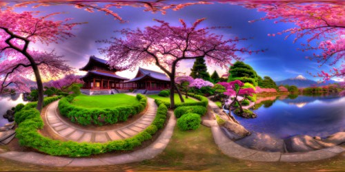 A flawlessly rendered, ultra-high-resolution scene of a serene Asian garden, bathed in mystical purples and blues, vibrant cherry blossoms in full bloom, a majestic temple silhouette set against a serene daytime sky, emanating absolute tranquility and beauty in every intricately detailed feature—a peerless and incomparable masterpiece of perfection.