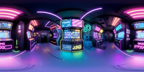 Neon-soaked VR360 cityscape, breakdance chalk outlines on asphalt, glowing graffiti murals. Gleaming disco balls overhead, reflected light streams, retro arcade machines lining sidewalks. Style: 80s nostalgia, bold colors, sharp contrasts, pixel art details. Overall, a lively VR360 scene in ultra-high-res masterpiece quality.