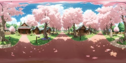 Masterpiece in VR360, Ultra HD resolution, solitary figure, lush forest canvas, blossom-laden pink trees, vibrant lofi aesthetics.