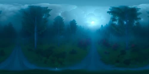 Ultra high-resolution VR360 realism, horror-inspired environment. Gloomy, foggy forest, barren trees, moonlit sky. Eerie shadows, thick fog, ominous clouds. VR360 Pixar-style, softened edges, exaggerated shapes. Masterpiece quality, atmospheric mystery.