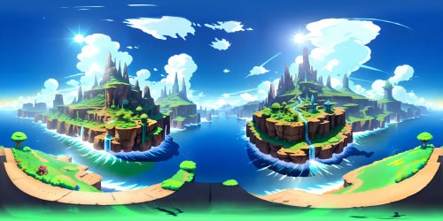 Digimon-inspired VR360 world, cerulean digital sky, pixelated cumulus clouds. Emerald mountains, colossal Digimon statues, floating islands, illumined neon flora. Touch of anime artistry, bold, vibrant color palette, sought-after ultra high res experience in VR360.