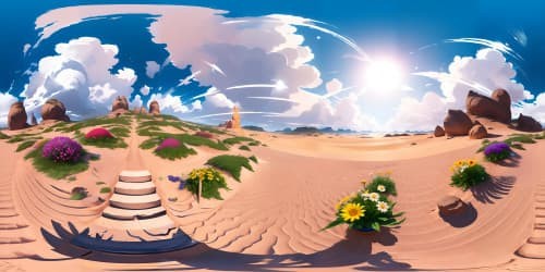 Masterpiece, ultra high-res VR360, sun supremacy, blue vastness, golden beach sprawling towards horizons, photorealistic grace. Varying colorful flowers in VR360, meticulous detail importance, bright petals against sand palette.