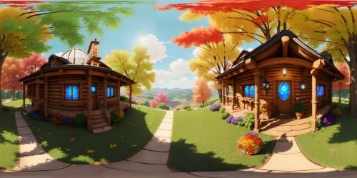 cabin on a hill over looking a field of colorful flowers and autumn leaves