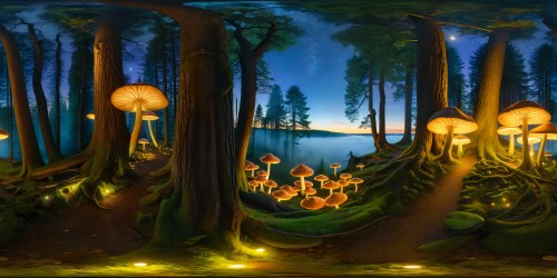 A mesmerizing enchanted forest at twilight, towering ancient trees illuminated by ethereal moonlight, glowing mushrooms, luminescent fireflies, sparkling river, misty atmosphere, dreamlike and mystic.