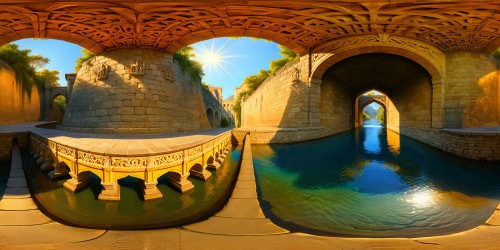 A majestic ancient stone bridge, embellished with elaborate carvings, illuminated by golden sunlight, casting dramatic shadows on flawless features, its reflection glistening in clear waters, exuding perfection in an ultra high-resolution masterpiece.