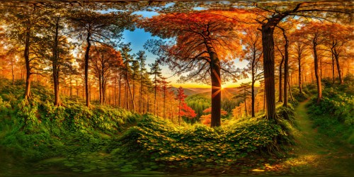 A tranquil forest bathed in golden hues at sunset, every leaf and branch exquisitely depicted with vibrant colors and intricate textures in ultra-high resolution, an unparalleled masterpiece of stunning quality and detail.