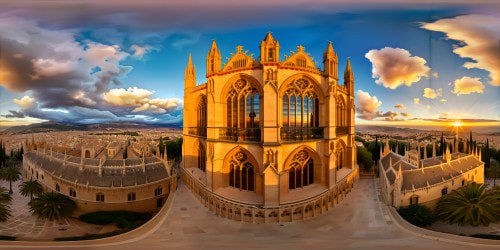 Majestic Palma Cathedral at golden hour, intricate Gothic architecture, dazzling stained glass windows, casting ethereal light, flawless ultra high-resolution, a true masterpiece.