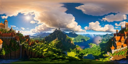 An impeccable ultra high-res digital artwork showcasing a meticulously crafted Minecraft village, brimming with vibrant pixelated dwellings, bustling NPCs, flourishing gardens, towering windmills, and a regal castle under a radiant sky adorned with billowing clouds, a flawless pixelated paradise carefully brought to life in stunning detail, a true digital masterpiece.