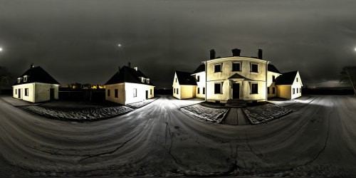 An impeccable, high-resolution portrayal of a lone, ominous house in a silent, deserted street, enveloped in the obscurity of a moonless night, with eerie fluorescent illumination creating striking shadows amidst the profound darkness.