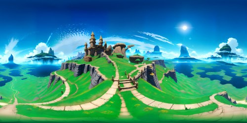 "Breath of the Wild" inspired VR360 scene, lofty Hyrule landscapes, save points glowing vivid against twilight sky, Master Sword gleaming. Towering peaks, distant castles, expansive lush plains. Ultra high res, vibrantly colored, fine art style into unique VR360 perspective.