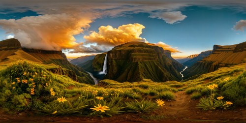 Flawless, ultra high-res depiction of the Ethiopian highlands, perfect golden sunrise casting a warm glow over terraced valleys, cascading waterfalls, towering cliffs, wildflowers in full bloom, and dramatic swirling clouds, a true masterpiece of nature captured in stunning detail.