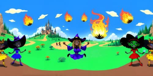 three african american female witchs flying through the sky throwing fireballs. one witch has dreadlocks. all are wearing black outfits'. one witch has red hair.