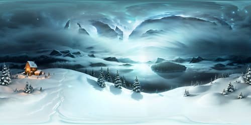 VR360 ethereal moonlight bathing fog-enveloped lake, ultra high-res masterpiece. Icy mist dressed mountain peaks, evergreen forest silhouette. Lunar glow's elusive dance on frozen water, VR360 panorama, impressionist ghostly charm. Veiled winter night, tranquility curated in moon-kissed serenity, surreal.