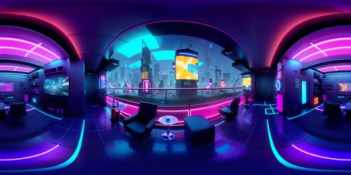 Cyberpunk cityscape, neon glows, towering skyscrapers, VR360 panorama. Translucent holograms, vibrant signage, shimmering reflections on rain-soaked streets. Ultra high-resolution, eye-catching vibrancy, Picasso-meets-Blade Runner style. Creative masterpiece, breathtaking VR360 immersion, night chill ambiance.