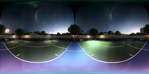 Masterpiece-grade pickleball court, ultra high-res VR360, geometric chalk lines, fluorescent court boundaries. Saturated hues, Pixar-style texture on court surface, gleaming under soft spotlight. VR360 view of towering floodlights, serene night sky.