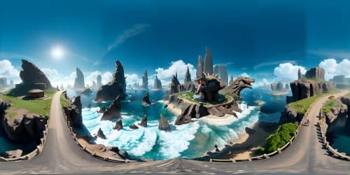 Masterpiece, ultra high res, gargantuan dinosaur-like monster, teeming with spikes, canine fangs highlighted in howling pose. Emergence from sea, charging towards coastal metropolis. Minimalistic foreground, VR360 cityscape backdrop, VR360 panoramic seawater reflections.