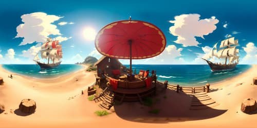 VR360: One Piece character Luffy-inspired scene, extreme detail, straw hat floating mid-air, pirate ship silhouette distant horizon. Style: Manga, vibrant, popping colors, exaggerated cartoonish elements, bold lines. Masterpiece quality, ultra-high resolution for immersive VR360 experience.